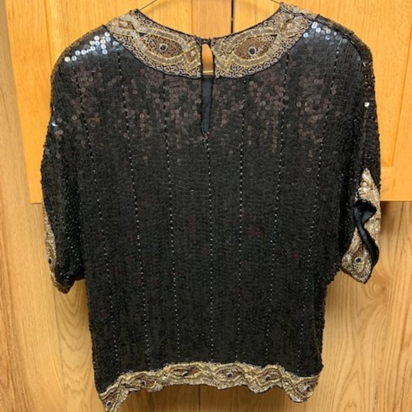 JUSTINE TODD vintage women’s black & gold silk sequin cocktail blouse / size S - Picture 5 of 5